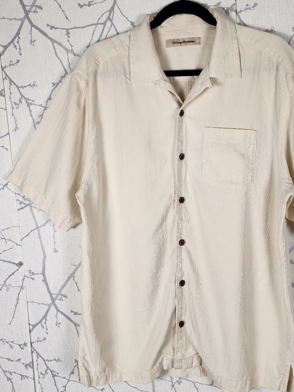 Tommy Bahama Ivory Stripe Jacquard 100% Silk Camp Shirt